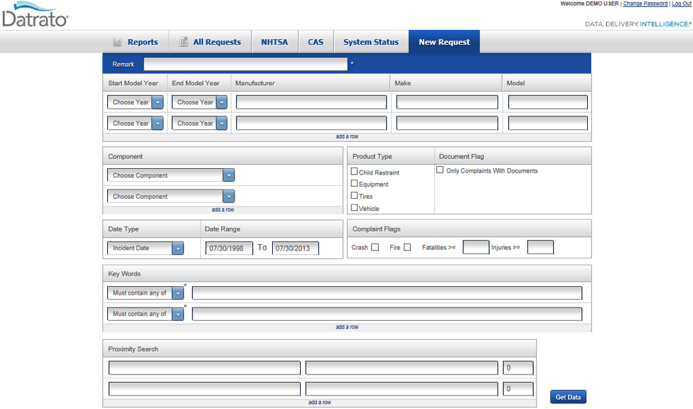 Datrato advanced New Request form with date type, document flag, keyword rules, and proximity search fields