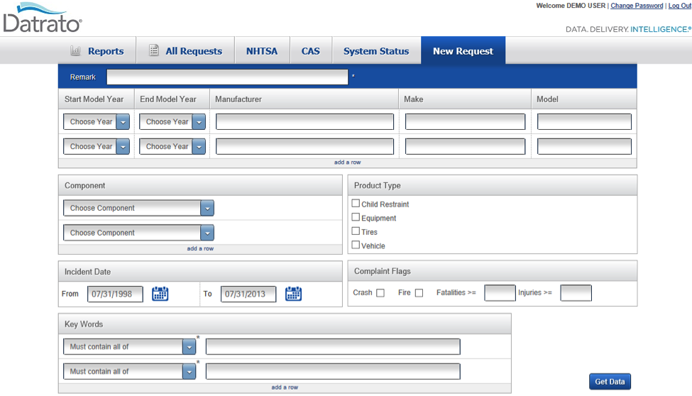 Datrato New Request form with model year range, manufacturer, make, model, component, incident dates, complaint flags, and keyword rules