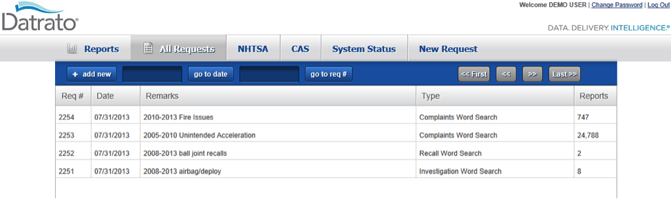 Datrato All Requests dashboard listing saved searches with request number, date, remarks, search type, and report count
